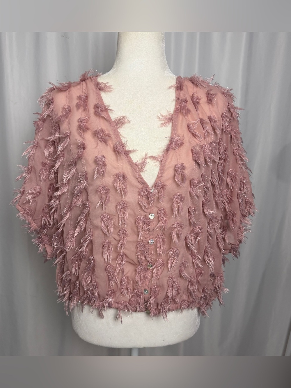 Spoon Jeans 3X Pink Shaggy Textured Fringe Button Down Blouse